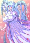  +_+ 1girl body_markings braid breasts closed_mouth curled_horns dress fate/grand_order fate/grand_order_arcade fate_(series) flying_toaster gradient_sky hair_between_eyes highres horns large_breasts larva_tiamat long_hair long_horns long_sleeves looking_at_viewer orange_sky petals pink_sky pointy_ears red_eyes ribbed_dress sidelocks silver_hair sky smile solo symbol-shaped_pupils tail thighhighs thighs tiamat_(fate) very_long_hair white_dress white_legwear 