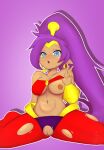  absurd_res big_breasts bra_lift breasts clothing ear_piercing ear_ring female flashing flashing_breasts genie genitals gradient_background hair hi_res humanoid humanoid_pointy_ears mammal open_mouth piercing ponytail purple_hair pussy shantae shantae_(series) simple_background sinrizuki solo spread_legs spreading torn_clothing video_games wayforward 