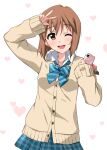  1girl :d absurdres blue_bow blue_bowtie blue_skirt bow bowtie cardigan cellphone diagonal-striped_bow diagonal-striped_neckwear diagonal_stripes dress_shirt eyebrows_visible_through_hair hagiwara_yukiho heart highres holding holding_phone idolmaster idolmaster_(classic) looking_at_viewer miniskirt one_eye_closed open_mouth phone plaid plaid_skirt pleated_skirt school_uniform shirt skirt smartphone smile solo standing striped striped_bow striped_bowtie sweater tokiani w white_background white_shirt wing_collar yellow_sweater 