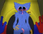  &lt;3 &lt;3_eyes akittu anthro big_mouth_(anatomy) black_eyes blue_body blue_fur blush bodily_fluids bow_tie claws cum digital_media_(artwork) fur genital_fluids genitals huggy_wuggy humanoid lips looking_at_viewer male monster nude open_mouth penis poppy_playtime prehensile_penis red_lips saliva saliva_string sharp_teeth simple_background smile tapering_penis teeth tongue tongue_out video_games 