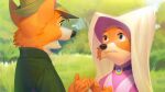  16:9 absurd_res anthro aruurara canid canine cheek_tuft clothed clothing day detailed_background disney eye_contact facial_tuft female fox fur grass group hand_holding headgear headwear hi_res light lighting looking_at_another maid_marian male mammal open_mouth orange_body orange_fur outside plant robin_hood robin_hood_(disney) signature tuft widescreen 