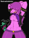  2021 ambiguous_gender black_background bodily_fluids bovid breasts caprine cataxdrk2020 clothed clothing deltarune dialogue duo english_text female female_focus goat hair hair_over_eyes hands_behind_head jacket mammal open_clothing open_jacket open_topwear pink_body portrait purple_hair raised_clothing raised_shirt raised_topwear ralsei reptile scalie shirt shirt_in_mouth simple_background solo_focus susie_(deltarune) sweat text three-quarter_portrait topwear torn_clothing undertale_(series) video_games yellow_teeth 