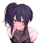  1girl bare_shoulders black_hair breasts cleavage copyright_request crescent crescent_earrings earrings elbow_gloves gloves grin hair_ribbon highres jewelry looking_at_viewer medium_breasts one_side_up purple_eyes purple_ribbon ribbon simple_background smile solo ulrich_(tagaragakuin) white_background 