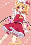  1girl absurdres animal_ear_fluff animal_ears ascot blonde_hair bloomers bow cat_ears cat_tail collared_shirt eyebrows_visible_through_hair fang feet_out_of_frame flandre_scarlet garters hair_bow highres kemonomimi_mode looking_at_viewer neckerchief one_side_up open_mouth outline paw_print paw_print_background pink_background red_eyes red_skirt red_vest shinonome_asu shirt skirt skirt_set smile solo tail touhou underwear vest white_outline wings wrist_cuffs yellow_ascot 