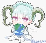  +_+ 1girl bangs braid chibi crown_braid curled_horns dress drooling earth_(planet) eating fate/grand_order fate/grand_order_arcade fate_(series) horns kubomi_943 larva_tiamat long_hair long_horns long_sleeves pink_eyes planet pointy_ears ribbed_dress silver_hair solo symbol-shaped_pupils tiamat_(fate) translation_request white_dress white_legwear 