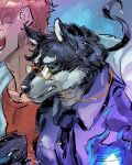  2boys bangs black_fur black_sclera blue_eyes blue_fire book closed_mouth colored_sclera commentary dog_boy fire furry furry_male glasses hand_on_another&#039;s_shoulder masanori_(housamo) master_4_(housamo) monocle_chain multiple_boys necktie open_mouth oyatsu_(hana) ponytail purple_shirt red_shirt scar scar_on_face shirt short_hair simple_background smile snout tokyo_afterschool_summoners two-tone_fur white_fur 