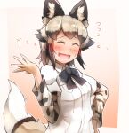  1girl ^_^ african_wild_dog_(kemono_friends) african_wild_dog_print animal_ear_fluff black_hair blush bow bowtie closed_eyes collared_shirt denka_(denka_ilst) facing_viewer flustered flying_sweatdrops furrowed_brow grey_hair hand_on_hip hand_up highres kemono_friends layered_sleeves long_sleeves medium_hair multicolored_hair nervous_smile open_mouth print_sleeves shirt short_over_long_sleeves short_sleeves smile solo spread_fingers two-tone_hair upper_body white_shirt wing_collar 