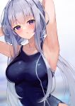  1girl :o armpits arms_behind_head bangs blue_hair blue_swimsuit blush breasts collarbone commentary_request eyebrows_visible_through_hair gradient gradient_background highres kuroshiro_kanae large_breasts long_hair looking_at_viewer one-piece_swimsuit original purple_eyes solo swimsuit very_long_hair 