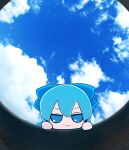  1girl blue_bow blue_eyes blue_hair blue_sky bow character_doll cirno cloud fumo_(doll) hair_bow hole looking_at_viewer pov rei_(tonbo0430) short_hair sky solo touhou 