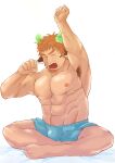  1boy abs animal_ears armpit_hair armpits bara blue_male_underwear boxers brown_hair bulge cow_boy cow_ears cow_horns crossed_legs facial_hair fiery_horns forked_eyebrows full_body glowing_horns goatee highres horns large_pectorals male_focus male_underwear muscular muscular_male nipples pectorals short_hair solo spiked_hair stomach stretch tatatan_(ts_kon2) tearing_up thick_eyebrows tokyo_afterschool_summoners topless_male underwear underwear_only wakan_tanka white_background yawning 