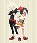  1boy 1girl bag beanie black_hair black_pants blonde_hair blue_eyes commentary_request from_side gladion_(pokemon) green_eyes green_shorts hair_over_one_eye handbag hat highres holding holding_poke_ball hood hoodie leg_up long_sleeves looking_to_the_side miu_(miuuu_721) open_mouth pants poke_ball pokemon pokemon_(game) pokemon_sm red_headwear selene_(pokemon) short_hair short_sleeves shorts torn_clothes torn_pants 