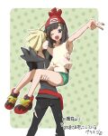  1boy 1girl ;d ahoge bare_legs beanie black_pants blonde_hair border carrying commentary_request eyelashes floral_print gladion_(pokemon) green_shorts grey_eyes hat hood hood_down hoodie looking_at_viewer miu_(miuuu_721) one_eye_closed open_mouth outline outstretched_arm pants pokemon pokemon_(game) pokemon_sm red_headwear selene_(pokemon) shirt shoes short_hair short_shorts short_sleeves shorts smile sneakers t-shirt tied_shirt torn_clothes torn_pants translation_request v white_border 