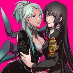  2girls arachne_(housamo) arthropod_girl asymmetrical_hair bangs black_hair breasts cleavage dark-skinned_female dark_skin earrings extra_eyes eyebrows_visible_through_hair frills gloves hand_on_another&#039;s_face jewelry large_breasts long_hair long_sleeves magenta_background master_2_(housamo) multiple_girls open_mouth pointy_ears ponytail ribbon simple_background spider_girl tokyo_afterschool_summoners zaoanjisi 