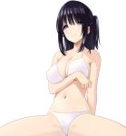  1girl arm_under_breasts bangs barefoot bikini black_hair breasts closed_mouth commentary eyebrows_visible_through_hair highres large_breasts long_hair looking_at_viewer marui_koishi micro_bikini navel open_mouth original ponytail purple_eyes sidelocks simple_background smile solo spread_legs squatting swimsuit underboob white_background white_bikini 