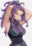  1girl adjusting_hair armpits arms_behind_head artist_name belt boku_no_hero_academia breasts cleavage closed_mouth commentary_request eyebrows_visible_through_hair forehead hair_tie_in_mouth kadeart lady_nagant large_breasts looking_to_the_side mouth_hold purple_eyes purple_hair simple_background sleeveless solo upper_body white_background 