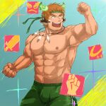  1boy :d abs alternate_costume animal_ears bara biceps blush brown_hair bulge cow_boy cow_ears cow_horns facial_hair feather_necklace fiery_horns forked_eyebrows glowing_horns goatee green_headband green_pants headband highres horns large_pectorals male_focus muscular muscular_male nipples pants pectorals short_hair smile solo spiked_hair stomach tatatan_(ts_kon2) thick_eyebrows thick_thighs thighs tokyo_afterschool_summoners topless_male track_pants wakan_tanka 