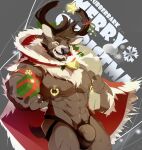  abs absurd_res anthro antlers areola barely_contained barely_contained_penis bell biped black_clothing black_underwear brown_body brown_claws brown_fur cape capreoline cervid claws clothing english_text finger_claws fur genitals gift hi_res horn humanoid_genitalia humanoid_penis jockstrap male mammal merry_christmas muscular muscular_anthro muscular_male nipple_piercing nipple_ring nipples one_eye_closed open_mouth open_smile pecs penis piercing reindeer rubberbark smile solo star teeth text underwear wink 
