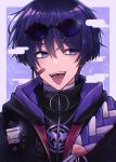  1boy absurdres alternate_costume artist_name bangs blue_eyes gantai-_(gxntai) genshin_impact glasses highres jacket looking_to_the_side open_mouth purple_background purple_eyes purple_hair purple_jacket scaramouche_(genshin_impact) solo teeth tongue tongue_out 