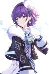  1girl character_request commentary copyright_request earrings fur-trimmed_jacket fur_trim gloves hair_ornament hairband highres itogari jacket jewelry looking_afar purple_eyes purple_hair short_hair snowflake_earrings snowflakes solo white_background white_gloves 