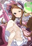  1girl ;q absurdres bloomers bonnet bow brown_hair crossed_legs doily dress finger_on_trigger food frilled_dress frilled_skirt frills gun hair_bow highres ice_cream ice_cream_cone idolmaster idolmaster_(classic) lolita_fashion long_hair m3_submachine_gun minase_iori one_eye_closed pink_dress pink_eyes pink_footwear print_legwear skirt solo submachine_gun tokiani tongue tongue_out underwear v-shaped_eyebrows very_long_hair weapon white_legwear 