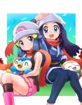  2girls akari_(pokemon) beanie black_hair blue_eyes boots dawn_(pokemon) hat head_scarf long_hair menome multiple_girls on_lap open_mouth pink_footwear pokemon pokemon_(creature) pokemon_(game) pokemon_dppt pokemon_legends:_arceus pokemon_on_lap prinplup rowlet scarf skirt sleeveless smile thighs time_paradox white_headwear 