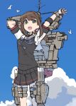  1girl alternate_costume bird black_shirt black_skirt brown_hair cloud cloudy_sky commentary_request fubuki_(kancolle) green_eyes highres kantai_collection machinery medium_hair minosu neck_ribbon open_mouth outstretched_arms ponytail purple_ribbon ribbon rigging seagull shirt short_sleeves sidelocks skirt sky torpedo_launcher turret white_shirt 