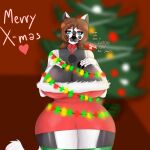  absurd_res animatronic big_breasts big_butt blue_eyes bow breasts brown_hair butt christmas christmas_clothing clothing domestic_cat dress felid feline felis female fighter_of_the_stars fur hair hi_res holidays legwear long_nails machine makeup mammal mature_female nails noz_(fots) robot solo thick_thighs thigh_highs white_body white_fur wide_hips 