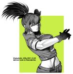  1girl bangs clenched_hand closed_mouth earrings gloves greyscale hair_between_eyes jacket jewelry leona_heidern looking_at_viewer midriff military military_uniform monochrome ponytail short_sleeves shorts solo suspenders takadobin_k0fg the_king_of_fighters triangle_earrings uniform web_address 