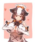  1girl animal_ears animal_print bare_shoulders black_hair bow bowtie breasts brown_eyes center_opening cleavage closed_mouth cow_ears cow_girl cow_print denka_(denka_ilst) elbow_gloves extra_ears eyebrows_visible_through_hair furrowed_brow gloves hair_bow highres holstein_friesian_cattle_(kemono_friends) huge_breasts kemono_friends looking_at_viewer medium_hair multicolored_hair paizuri_invitation print_gloves print_shirt seductive_smile shirt sidelocks sleeveless sleeveless_shirt smile solo torn_clothes torn_shirt two-tone_hair upper_body white_hair 