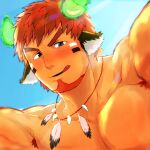  1boy :q absurdres animal_ears arms_at_sides bara blush brown_hair cow_boy cow_ears cow_horns facial_hair feather_necklace fiery_horns forked_eyebrows glowing_horns goatee highres horns looking_at_viewer male_focus muscular muscular_male nude pectorals seductive_smile short_hair smile solo spiked_hair tatatan_(ts_kon2) thick_eyebrows tokyo_afterschool_summoners tongue tongue_out upper_body wakan_tanka 