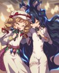  2girls bangle blue_bow blue_hair bow bracelet closed_eyes dress drill_hair eyebrows_visible_through_hair hair_between_eyes hair_bow hat highres holding holding_microphone jewelry light_brown_hair long_hair long_sleeves microphone multiple_girls music open_mouth ring shope siblings singing sisters smile touhou touhou_gouyoku_ibun twin_drills white_dress white_headwear yorigami_jo&#039;on yorigami_shion 