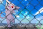  3:2 3_toes anthro anthrofied biped blue_inner_ear chain-link_fence cheek_tuft chest_tuft city cityscape cloud day detailed_background digital_media_(artwork) eeveelution espeon facial_tuft featureless_chest featureless_crotch feet felid feline female fence fluffy forehead_gem front_view full-length_portrait fur hair half-closed_eyes hands_behind_back hi_res hindpaw hirochanu kemono lens_flare looking_at_viewer mammal monotone_body monotone_ears monotone_fur monotone_hair monotone_tail narrowed_eyes neck_tuft nintendo no_sclera nude on_one_leg outside paws photo_background pigtails pink_body pink_ears pink_fur pink_hair pink_pupils pink_tail pok&eacute;mon pok&eacute;mon_(species) pok&eacute;morph portrait pupils purple_eyes rainbow shaded sky smile solo standing toes tuft video_games 