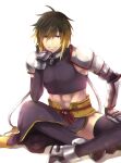  1boy albel_nox armor brown_hair crop_top gloves looking_at_viewer male_focus midriff morino_mizu multicolored_hair muscular red_eyes shoulder_armor simple_background smile solo star_ocean star_ocean_anamnesis star_ocean_till_the_end_of_time thighhighs white_background 