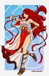  1girl alternate_costume arm_strap armor bracelet choker cosplay dancer dancer_(three_houses) dress fire_emblem fire_emblem:_three_houses gladiator_sandals hair_over_eyes highres holding holding_sword holding_weapon jewelry johncaden kirijou_mitsuru mashup one_eye_covered pelvic_curtain persona persona_3 persona_4:_the_ultimate_in_mayonaka_arena red_eyes red_hair sandals shoulder_armor single_bare_shoulder solo sword thighs twitter_username weapon 