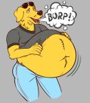  2021 absurd_res anthro belly big_belly bird_dog bojack_horseman bottomwear burping canid canine canis clothing domestic_dog eggo21 eyewear fangs fur grey_background hands_on_belly hi_res hunting_dog labrador male mammal mr._peanutbutter navel netflix overweight pants retriever shirt simple_background solo sunglasses topwear yellow_body yellow_fur 