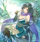  1girl amazio_komeko azami_(saga) black_hair black_legwear blue_eyes breasts cleavage dango dated eating fingerless_gloves food gloves obi romancing_saga_2 saga sash short_hair signature wagashi 