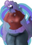  absurd_res anthro blue_bottomwear blue_clothing blue_pants bottomwear breasts clothed clothing digital_media_(artwork) female goo_creature hi_res looking_up open_mouth pants red_clothing red_shirt red_topwear shirt simple_background slime solo thyme_macleod tongue tongue_out topwear 