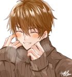  1boy bangs blush brown_hair brown_sweater closed_eyes grin h_haluhalu415 hair_between_eyes long_sleeves luke_pearce_(tears_of_themis) open_mouth short_hair signature simple_background smile solo sweater tears_of_themis teeth white_background 