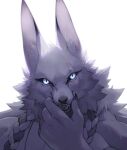  2hbpencil 5_fingers anthro black_nails black_nose black_sclera blue_eyes braided_hair bust_portrait canid canine canis cheek_tuft colored_nails facial_scar facial_tuft fingers grey_background hair hand_to_face hi_res inner_ear_fluff looking_at_viewer male mammal nails neck_tuft open_mouth portrait scar simple_background solo teeth tuft white_background wolf 
