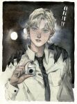  1girl bangs blonde_hair blue_eyes bottle breadmonster collared_shirt darkness hand_up hands_on_shoulders holding horror_(theme) looking_at_viewer necktie original painting_(medium) parted_bangs parted_lips shirt traditional_media updo watercolor_(medium) 