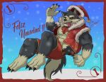  abs anthro bare_chest black_body black_fur bottomwear bragotiger canid canine canis claws clothing costume domestic_dog fur garmr lifewonders male mammal muscular muscular_anthro muscular_male one_eye_closed pecs santa_costume shorts solo tokyo_afterschool_summoners video_games wink 