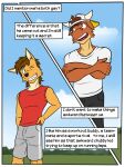  3:4 anthro backwards_baseball_cap backwards_hat baseball_cap bottomwear bovid bovine canid canine canis cattle clothed clothing comic coyote crossed_arms duo english_text fangs fully_clothed fuze hat headgear headwear hi_res male mammal mond_reyes one_eye_closed outside shirt shorts t-shirt tank_top texnatsu text topwear ty_conrad wink 