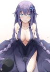  1girl bangs bare_shoulders blue_eyes blush braid breasts choujigen_game_neptune cleavage closed_mouth dress elbow_gloves eyebrows_visible_through_hair gloves hair_ornament highres keenh kneeling large_breasts long_hair looking_at_viewer navel neptune_(series) plunging_neckline purple_dress purple_gloves purple_hair purple_heart sideboob simple_background smile solo twin_braids white_background 
