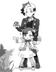  1boy 1girl :o asymmetrical_bangs bag bangs blush_stickers brother_and_sister capelet child dress dusk_ball grass greyscale hair_ornament hand_on_shoulder handbag highres holding holding_poke_ball jacket marnie_(pokemon) monochrome morpeko morpeko_(full) multicolored_hair nekoyashiki_pushio piers_(pokemon) poke_ball pokemon pokemon_(game) pokemon_swsh short_twintails siblings simple_background smile sparkle twintails two-tone_hair white_background younger 