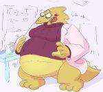  alphys anthro barefoot belly big_belly big_breasts blush blush_stickers bodily_fluids bottomless breasts chalkboard clothed clothing coat detailed_background dialogue english_text eyewear featureless_crotch feet female flying_sweatdrops glasses kappacuddle lab_coat laboratory lizard non-mammal_breasts obese obese_anthro obese_female open_mouth overweight overweight_anthro overweight_female panic reptile rumbling_stomach scales scalie solo spines spot_color sweat sweatdrop sweater tail_spines text thick_tail three-quarter_view topwear undertale_(series) white_spines wide_hips yellow_body yellow_scales 
