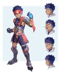  1boy absurdres arm_up armor blue_hair dark-skinned_male dark_skin fantasy full_armor gauntlets gloves helmet highres japanese_clothes looking_at_viewer magic male_focus metal metal_boots monster_hunter_(series) monster_hunter_stories muscular muscular_male red_eyes solo zxanzai 