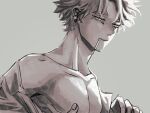  1boy bell_mha boku_no_hero_academia cigarette collarbone ear_piercing eyebrows_visible_through_hair eyeliner facial_hair hawks_(boku_no_hero_academia) highres looking_down makeup male_focus monochrome open_clothes open_shirt pectorals piercing short_hair stubble topless_male 