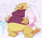  alphys anthro barefoot belly big_belly big_breasts blush blush_stickers bodily_fluids bottomless breasts chalkboard clothed clothing coat detailed_background dialogue egg english_text eyewear featureless_crotch feet female flying_sweatdrops glasses imprint kappacuddle lab_coat laboratory lizard non-mammal_breasts obese obese_anthro obese_female open_mouth overweight overweight_anthro overweight_female oviposition panic reptile rumbling_stomach scales scalie solo spines spot_color sweat sweatdrop sweater tail_spines text thick_tail three-quarter_view topwear undertale_(series) white_spines wide_hips yellow_body yellow_scales 