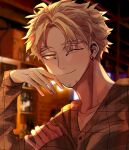  bell_mha blonde_hair boku_no_hero_academia collarbone ear_piercing eyeliner facial_hair hawks_(boku_no_hero_academia) highres izakaya long_sleeves makeup messy_hair one_eye_closed piercing plaid plaid_shirt shirt short_hair yellow_eyes 