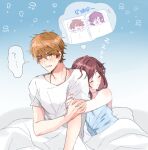  1boy 1girl ? bangs bed_sheet bedroll blue_shirt brown_eyes brown_hair closed_eyes dreaming h_haluhalu415 hair_between_eyes leaning_on_person long_hair luke_pearce_(tears_of_themis) open_mouth pajamas rosa_(tears_of_themis) saliva shirt short_hair short_sleeves sleeping sleeveless sleeveless_shirt spoken_question_mark tears_of_themis white_shirt zzz 